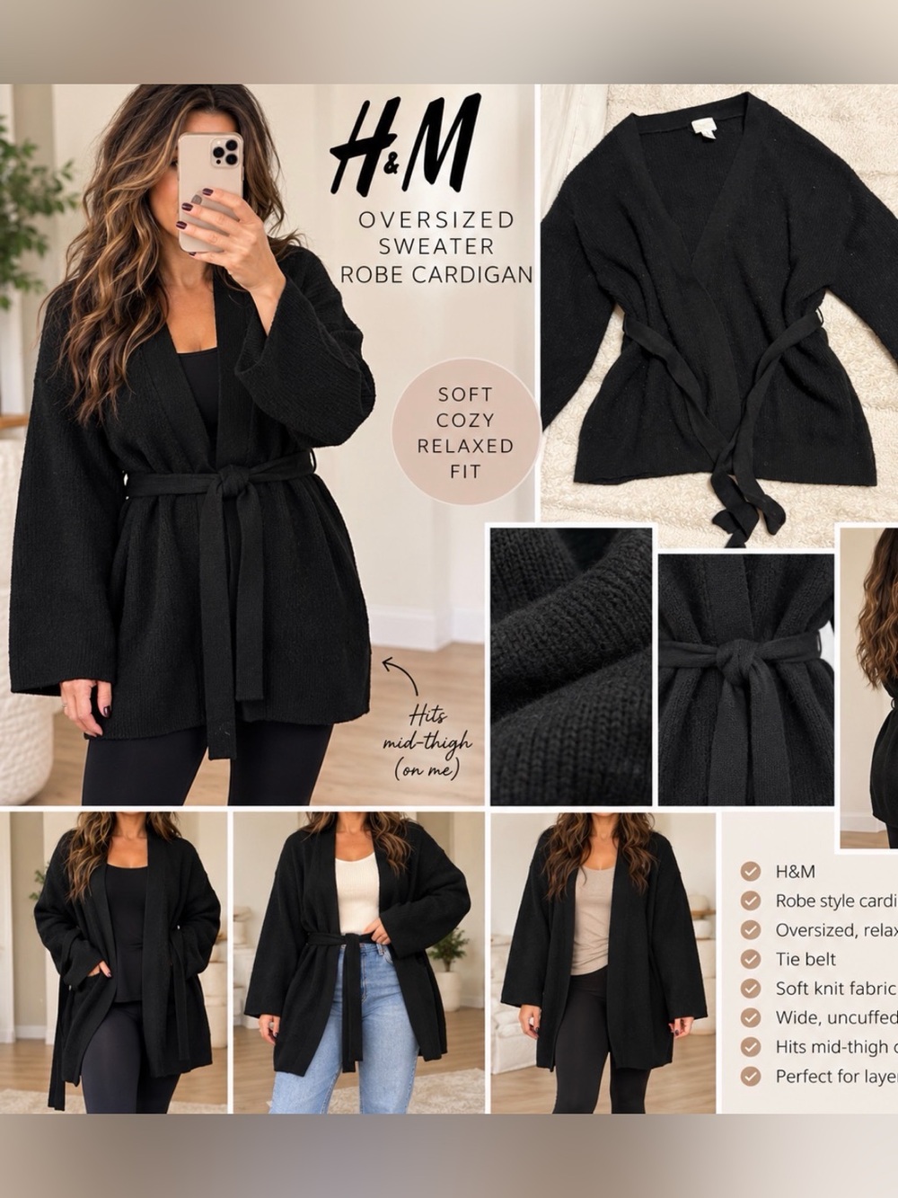 H&M Black Oversized Robe-Style Cardigan with Tie Belt
